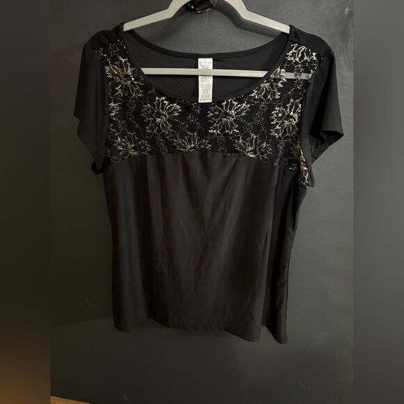 Avon MARK Gold Lace Black Short Sleeve Top Women's Size XL - Picture 3 of 6